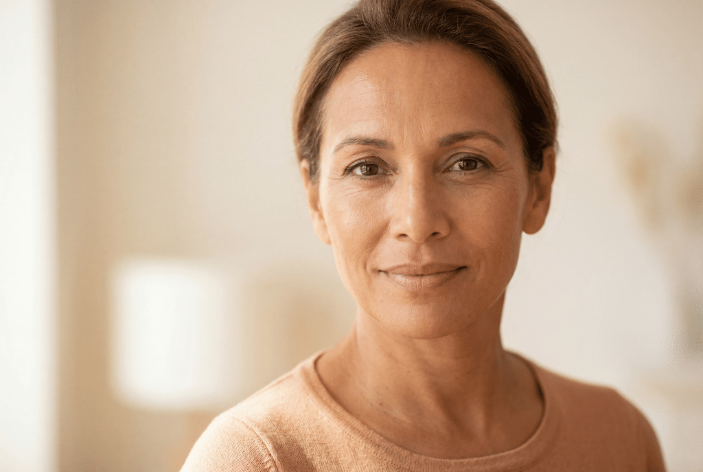 Portrait of a mature woman with hair pulled back wearing a peach top, smiling gently in soft natural light