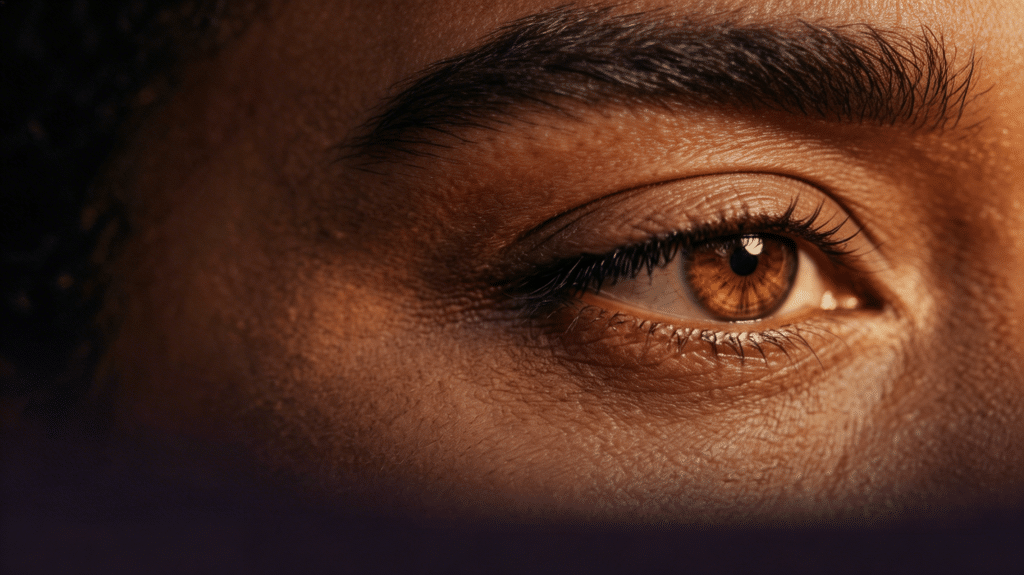 Extreme close-up of a man's amber eye and brow in warm dramatic lighting against a dark background