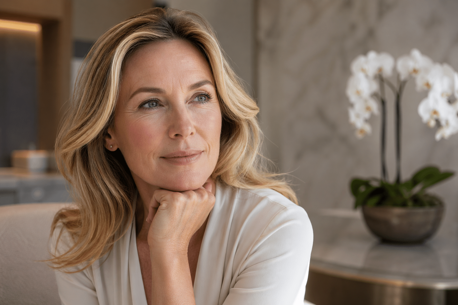 Mature woman in a clinical setting showing natural ageing around the eyes