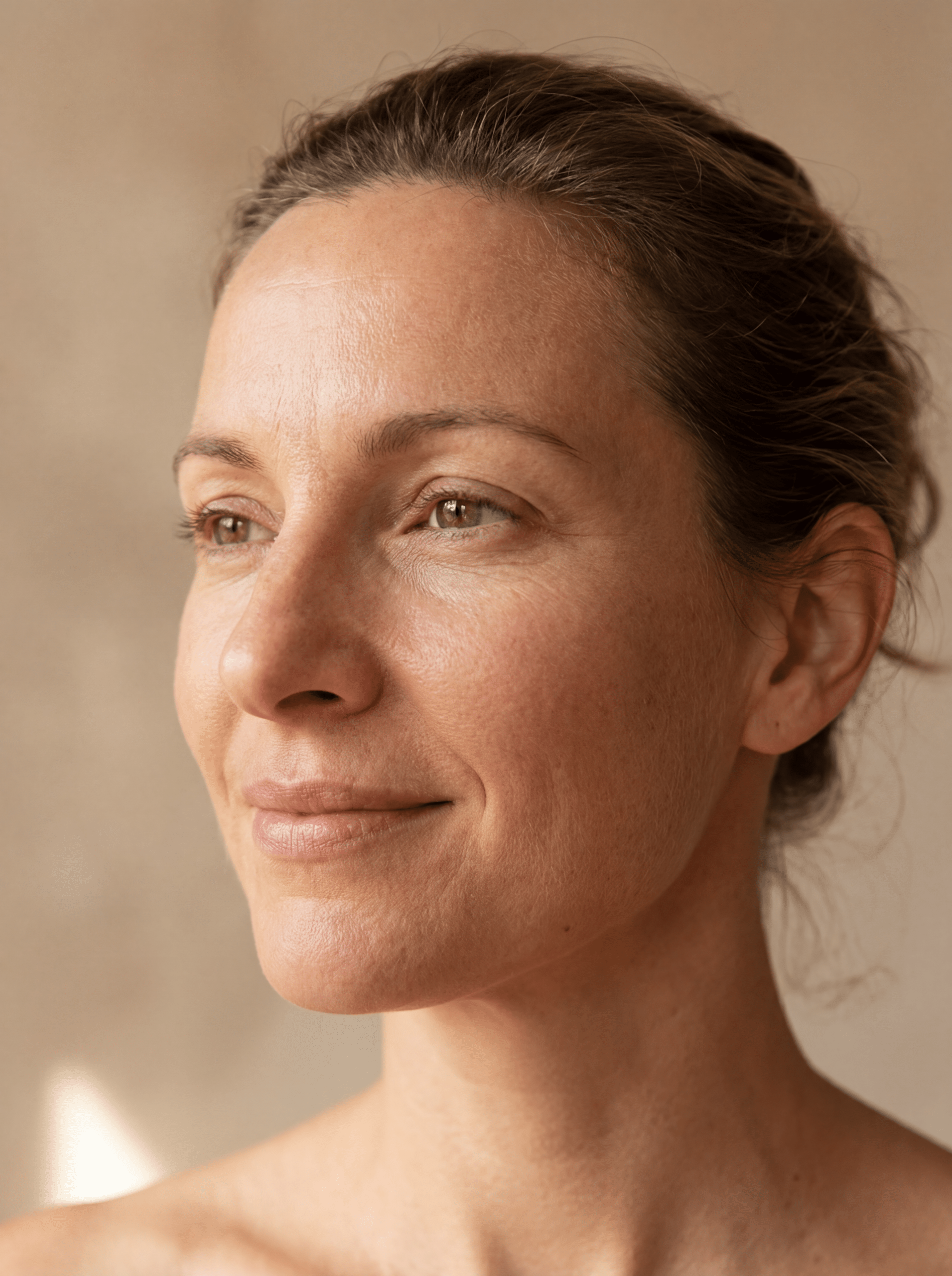 Close-up portrait of a mature woman with hair up looking slightly upward in soft natural light against a warm neutral background
