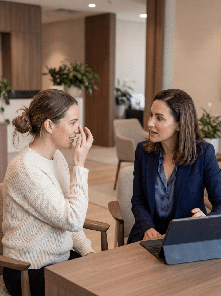 A woman touching her nose in discussion with a female consultant in a navy blazer at a desk in a modern clinic