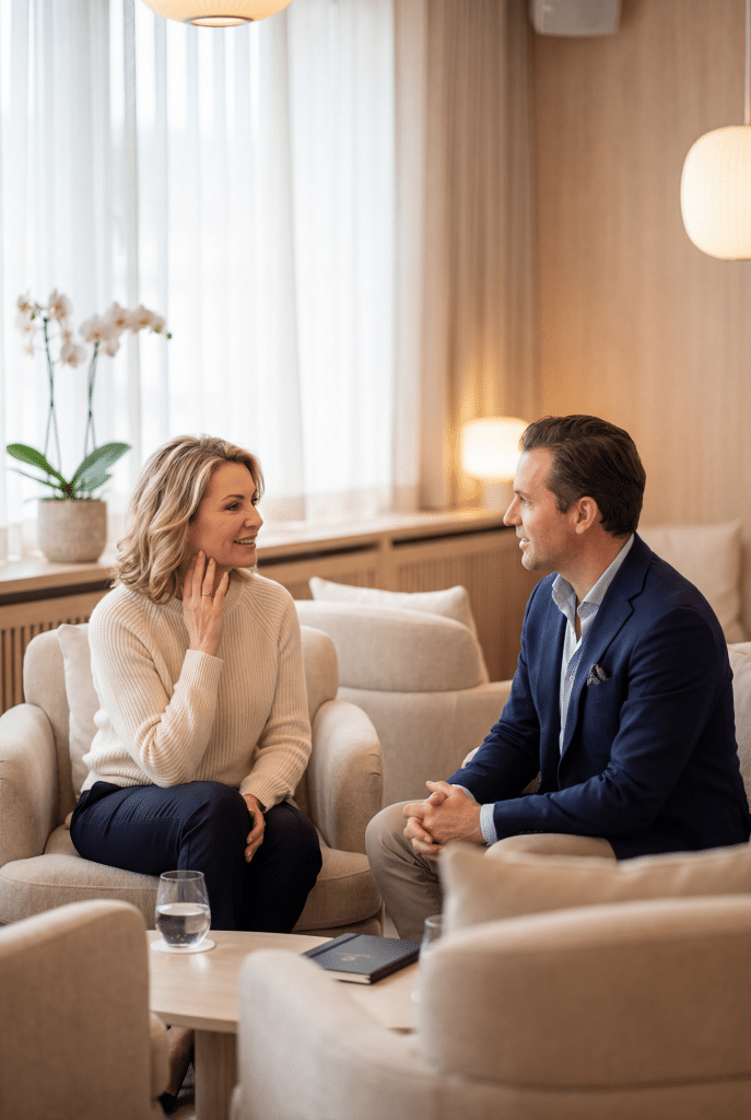 A mature woman touching her jaw in conversation with a male consultant in a navy blazer in a bright, elegant clinic lounge
