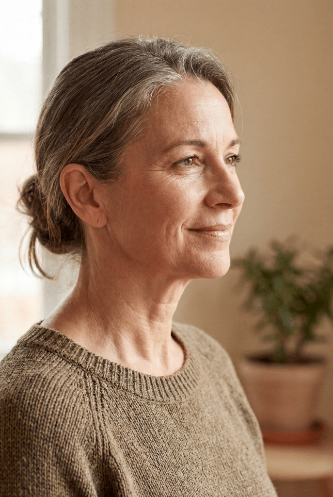 Side profile of a mature woman with grey hair in a bun wearing a knit jumper, looking thoughtfully towards a window in soft natural light