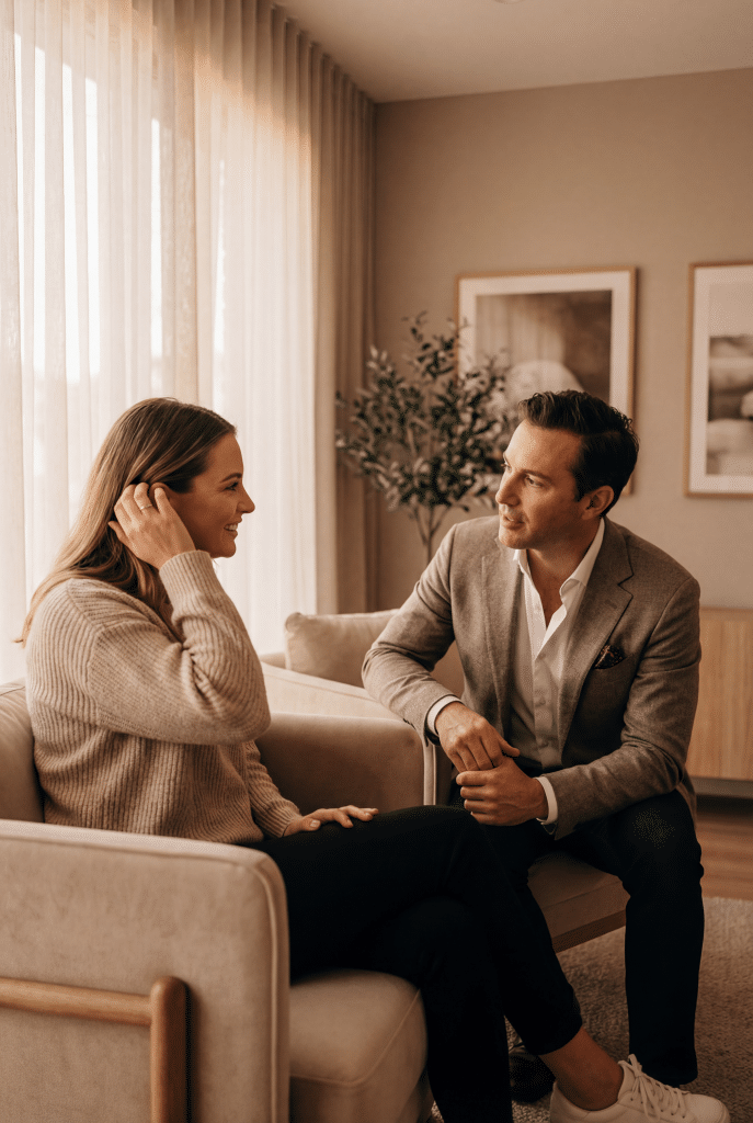 A smiling woman touching her ear in conversation with a male consultant in a grey blazer in a bright, modern clinic lounge
