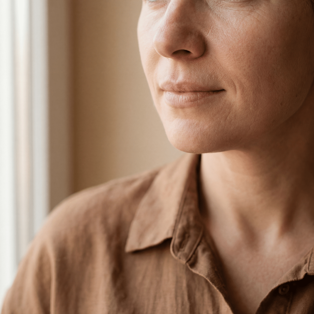 Close-up of a woman's lips and lower face in soft natural light, wearing a tan linen shirt