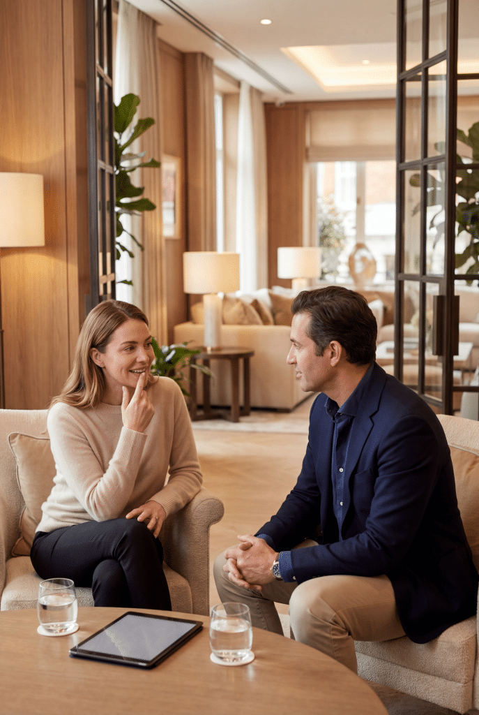 A smiling woman in a cream jumper in relaxed conversation with a male consultant in a navy blazer in an upscale clinic lounge