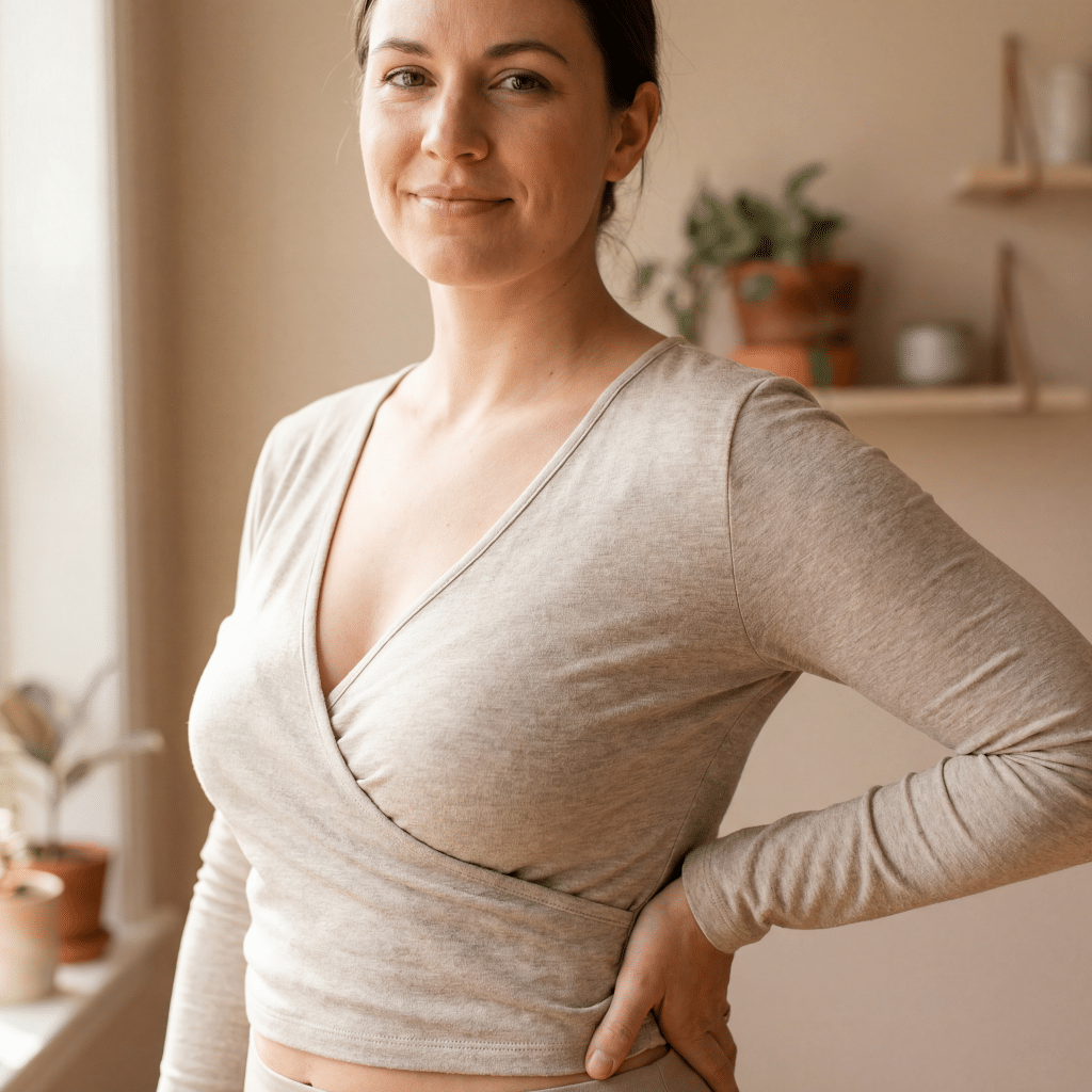 Woman in a fitted wrap top standing confidently with one hand on her hip in a bright, plant-filled room
