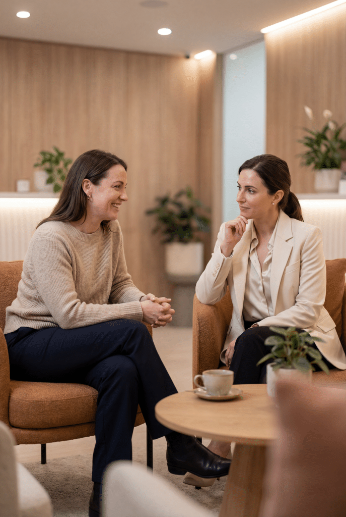 A smiling woman in a beige knit jumper in conversation with a consultant in a cream blazer in a modern clinic lounge