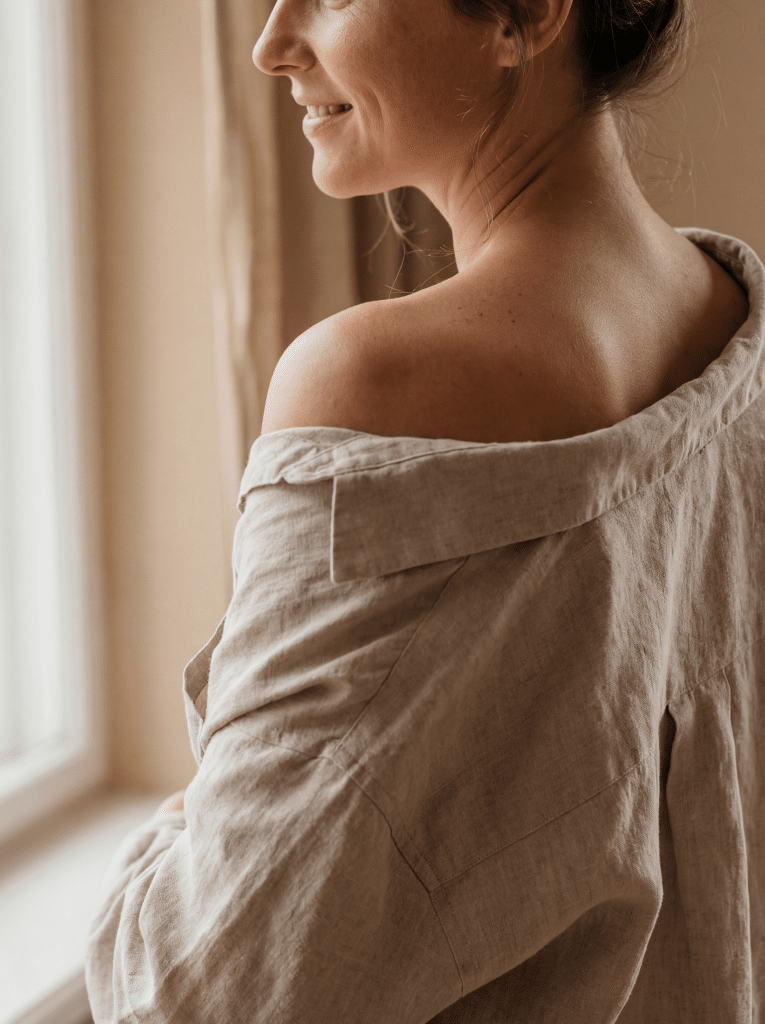 Smiling woman with a loose linen top slipped off one shoulder, photographed in soft natural light