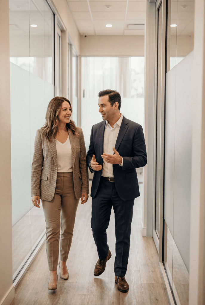 Two smartly dressed professionals walking and talking in a bright modern clinic corridor