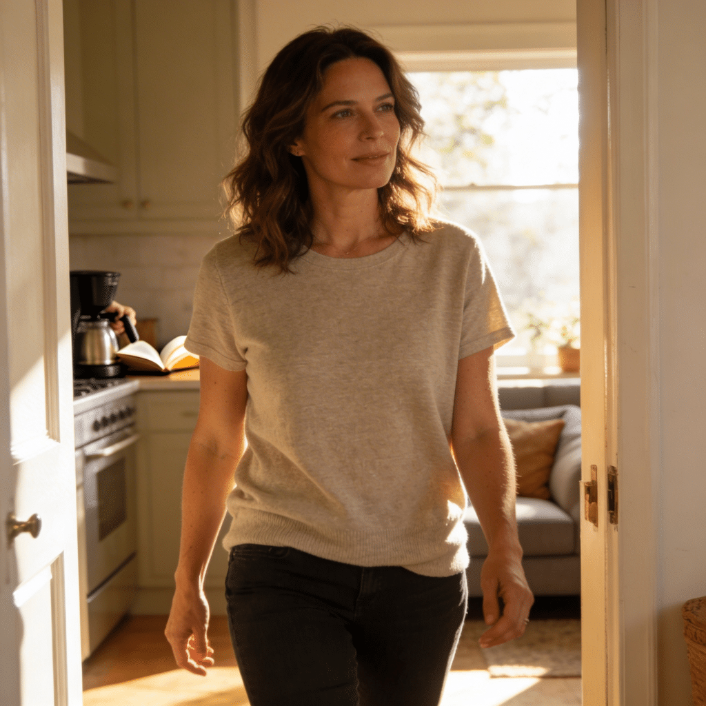 Woman at home feeling confident after breast implant removal surgery at Transform Beverly Hills