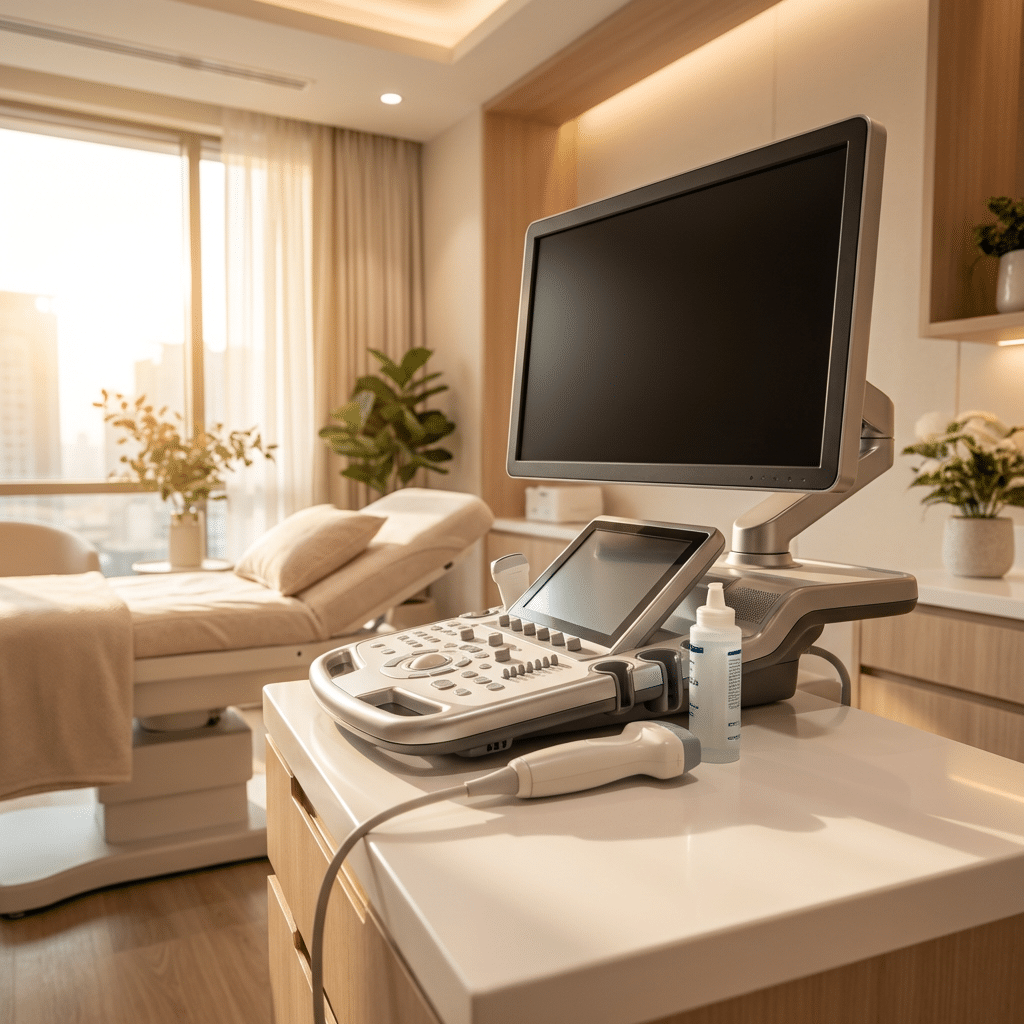 Ultrasound scanning equipment prepared in a clinical room at Transform Beverly Hills for breast implant assessment
