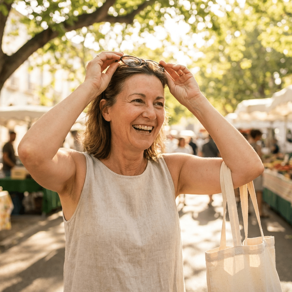 Woman raising her arms confidently outdoors after arm lift surgery at Transform Beverly Hills