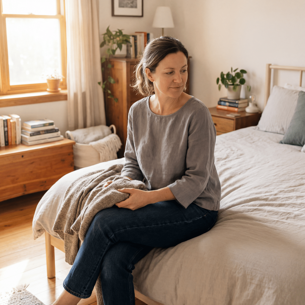 Woman sitting at home considering tummy tuck surgery at Transform Beverly Hills