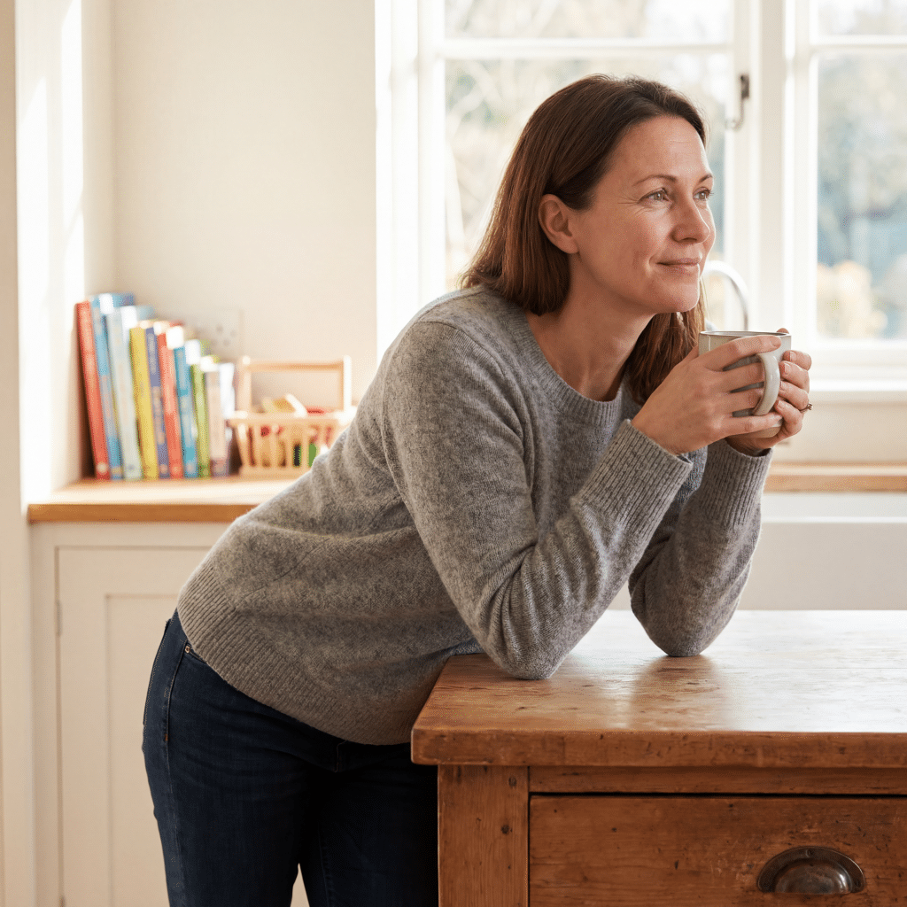 Mother relaxing at home considering a mommy makeover at Transform Beverly Hills