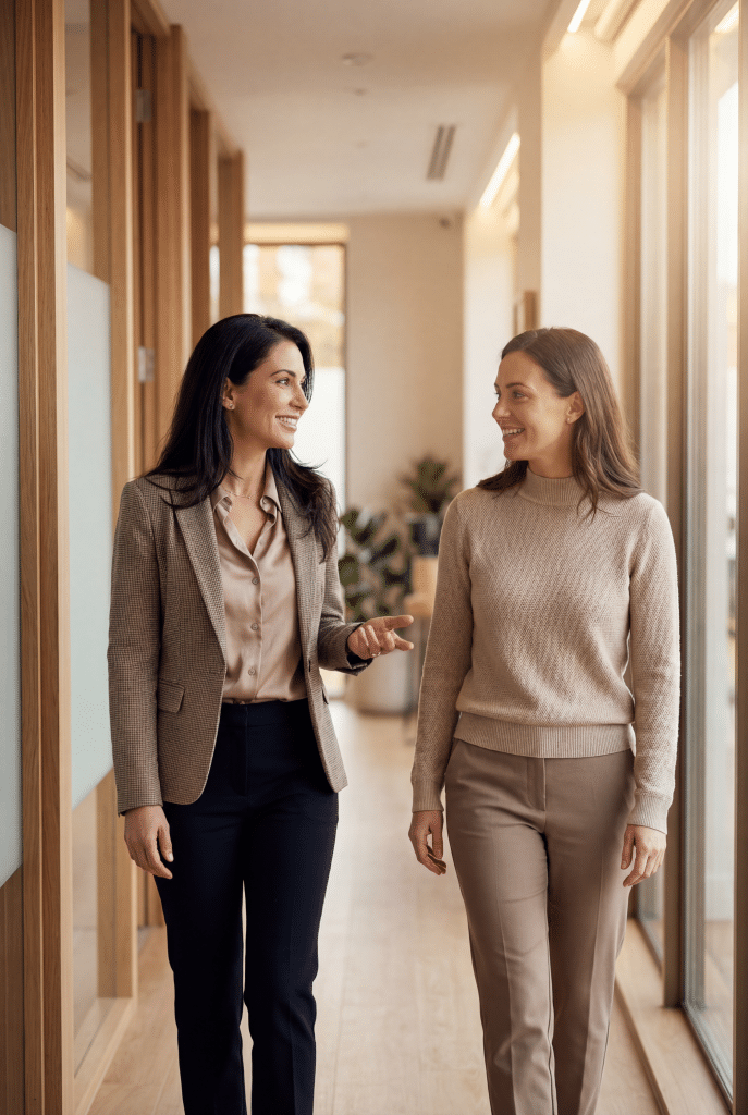 Female patient walking through Transform Beverly Hills clinic after a mommy makeover consultation