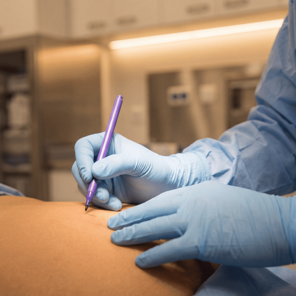 Surgeon marking a patient's skin before liposuction surgery at Transform Beverly Hills