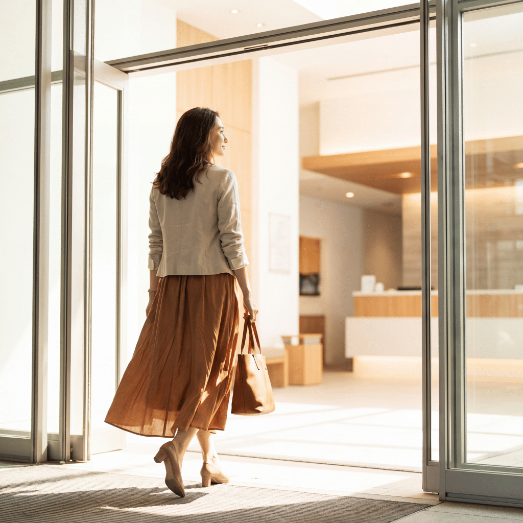 Woman arriving at Transform Beverly Hills clinic for a thigh lift surgery consultation