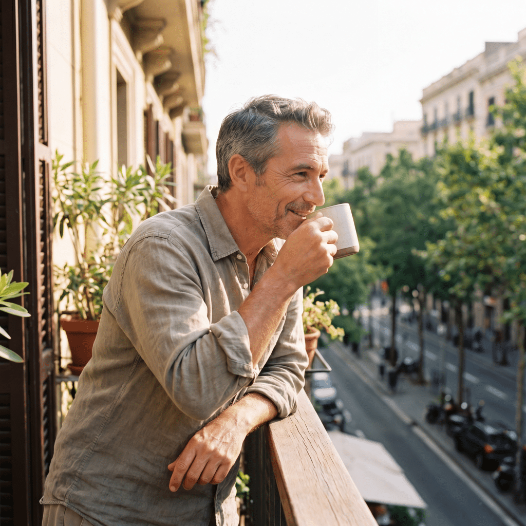 Mature man enjoying morning coffee after male eyelid surgery at Transform Beverly Hills