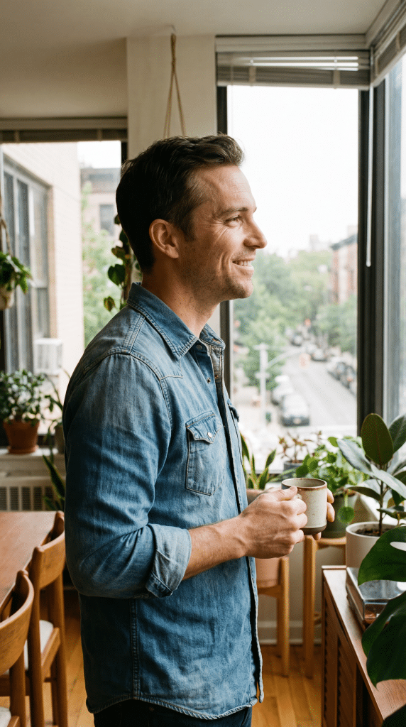 Confident man at home after male rhinoplasty nose surgery at Transform Beverly Hills