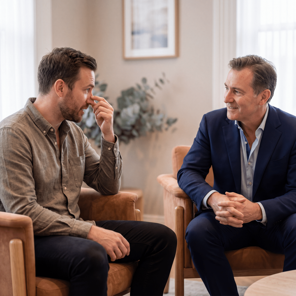 Male patient discussing nose surgery concerns with a specialist at Transform Beverly Hills