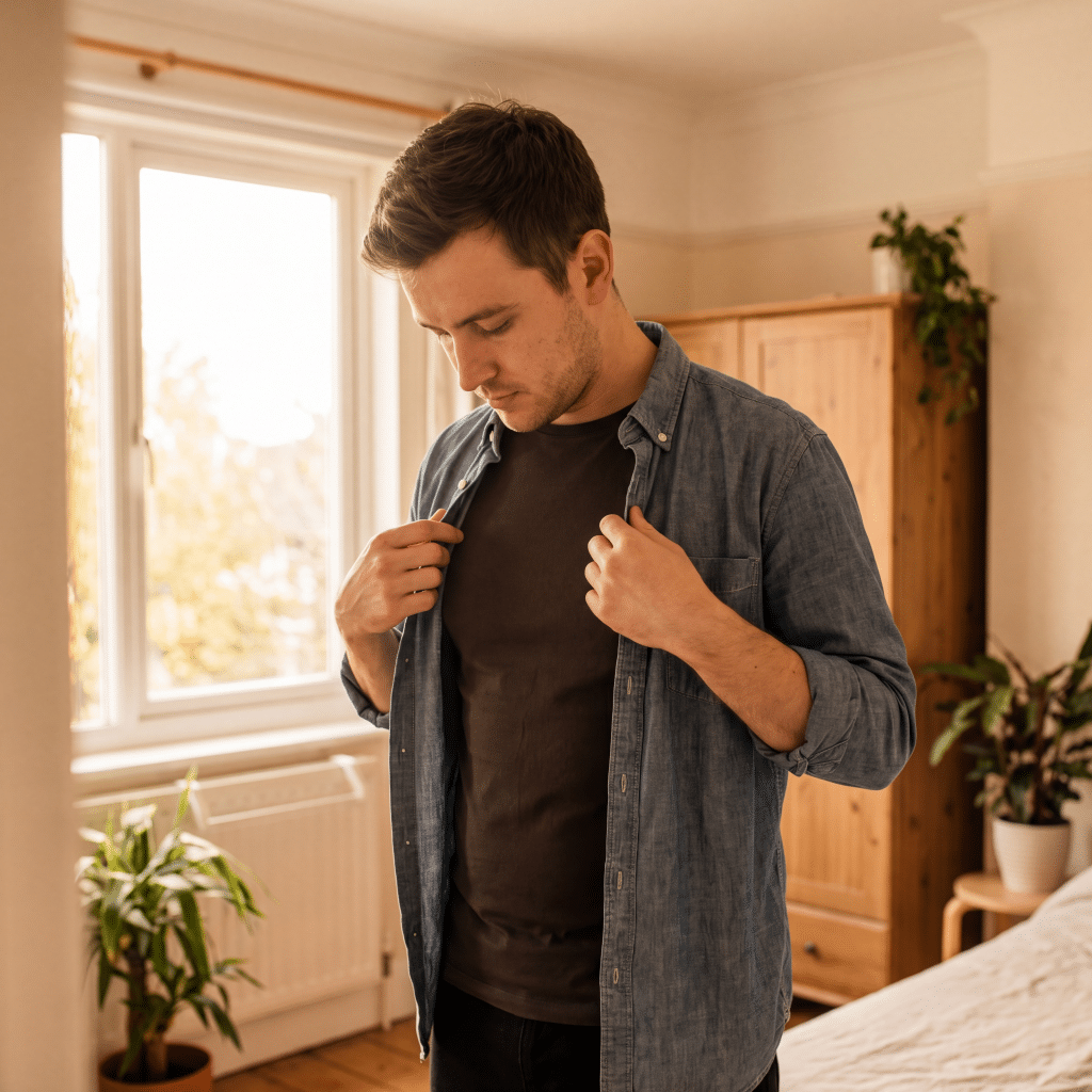 Young man self-conscious about his chest considering gynecomastia surgery at Transform Beverly Hills