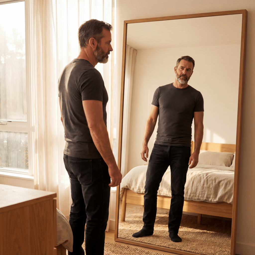 Man assessing his abdomen in a mirror considering a male tummy tuck at Transform Beverly Hills