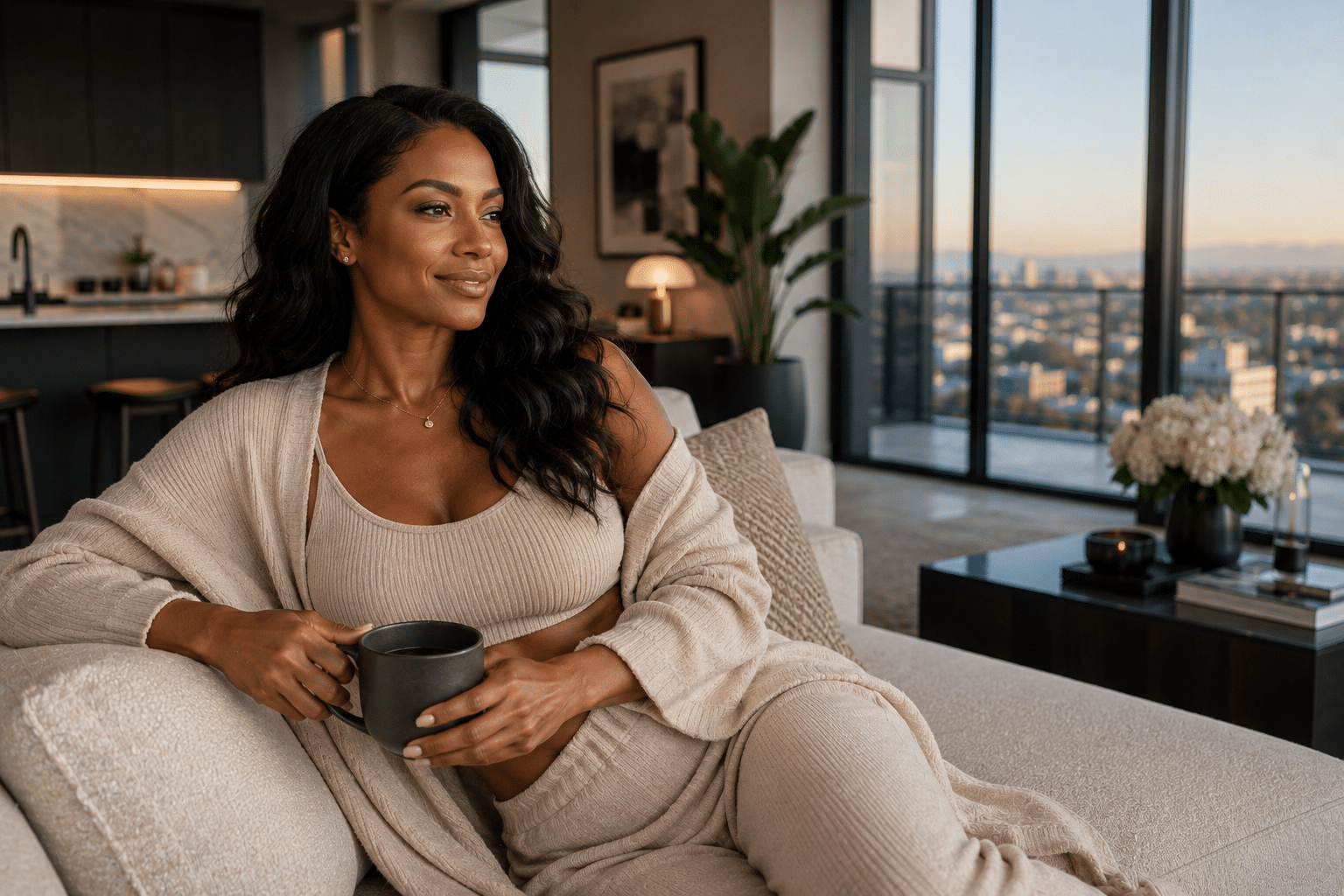 Woman relaxing at home considering breast implant removal surgery